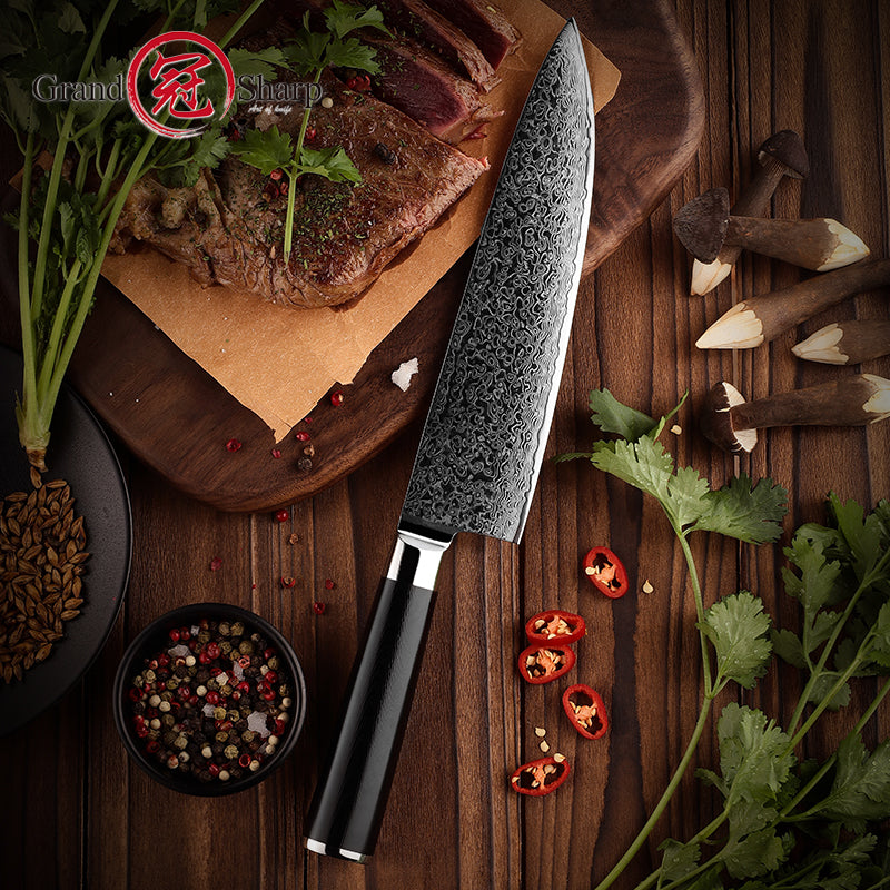 Grandsharp Black Handle 10Cr15CoMoV Damascus Chef Knife