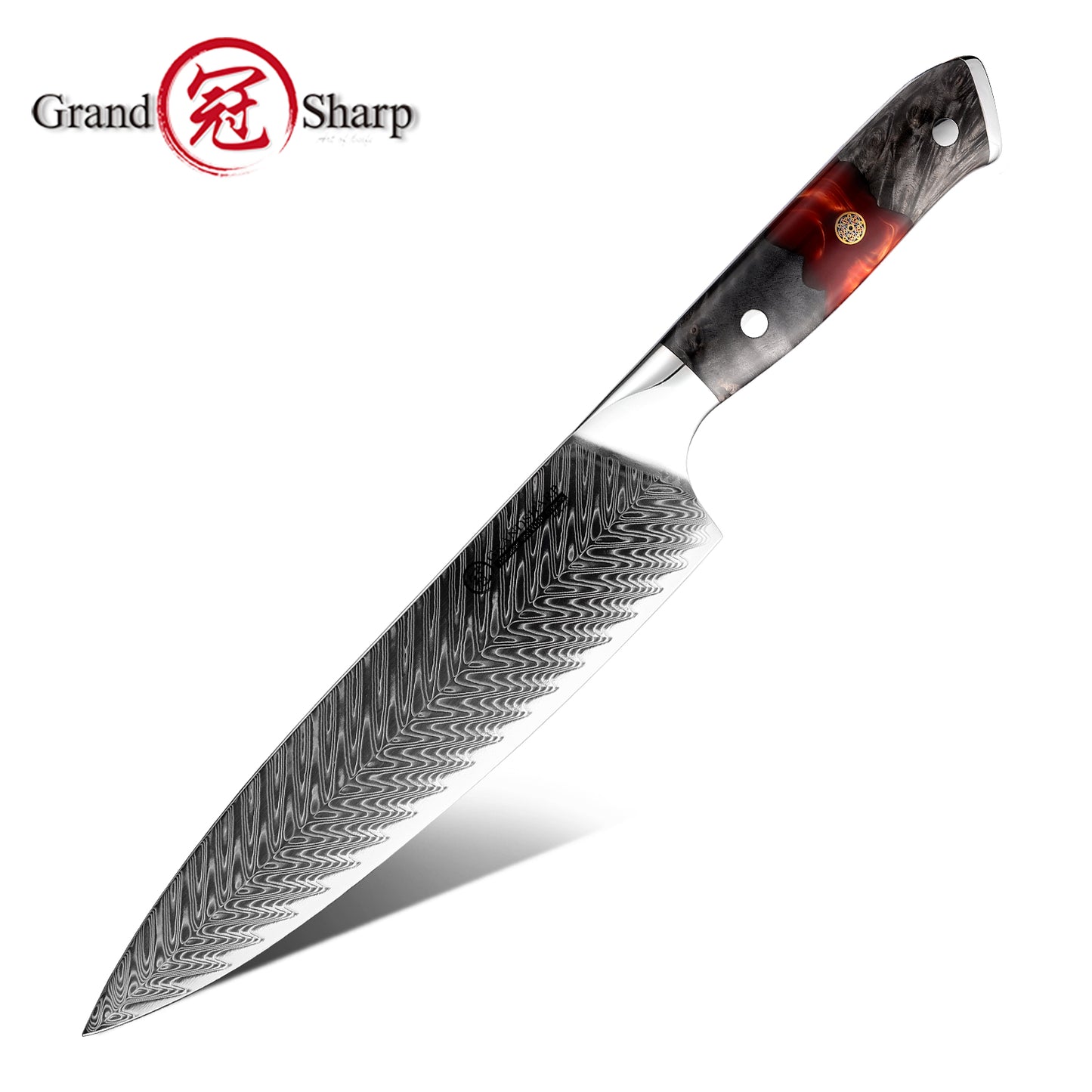 Grandsharp Damascus Steel Chef Gyuto Knife with Resin & Wood Handle