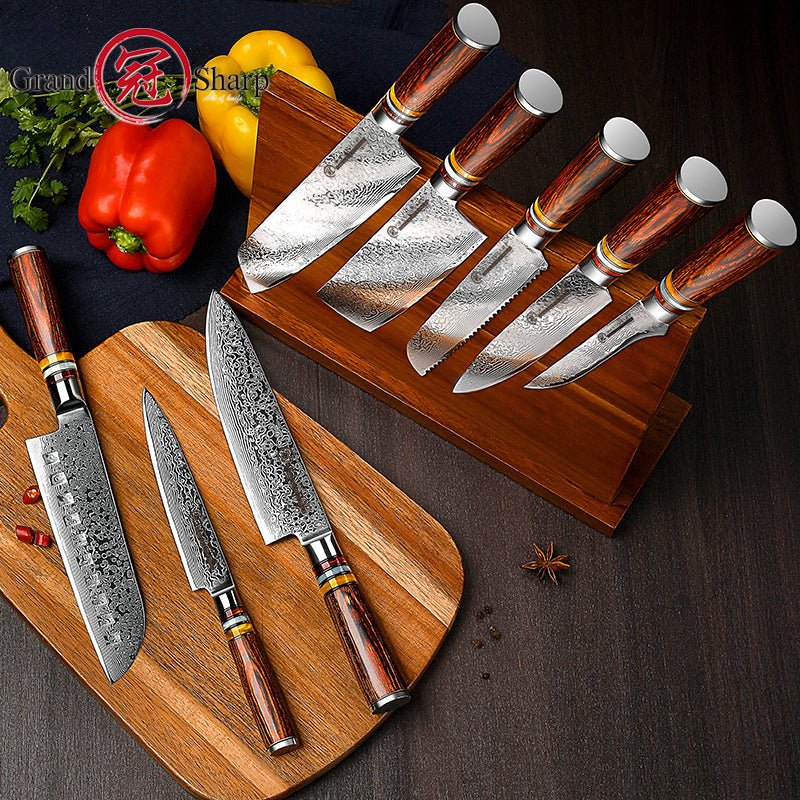 Grandsharp Hot-sale Damascus Kitchen Knife Set 67 Layers Damascus Steel Santoku Boning Kiritsuke Cleaver Utility Chef Knives Set