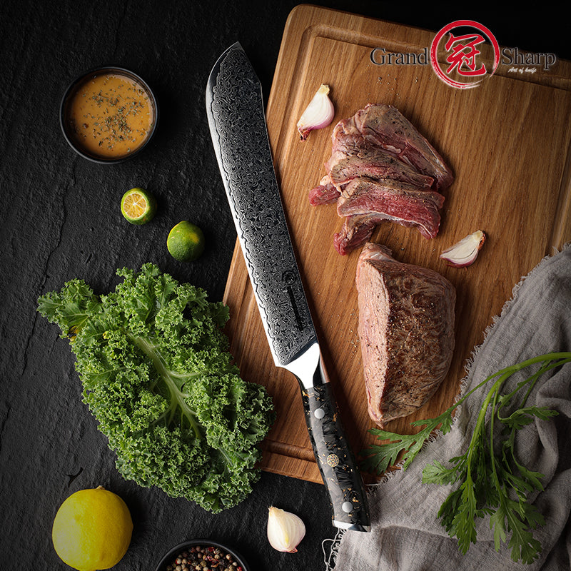 Grandsharp 9'' Damascus Slaughter Knife 67 Layer Damascus Steel Kitchen Slaughter Knives with Black Carbon Fiber Handle