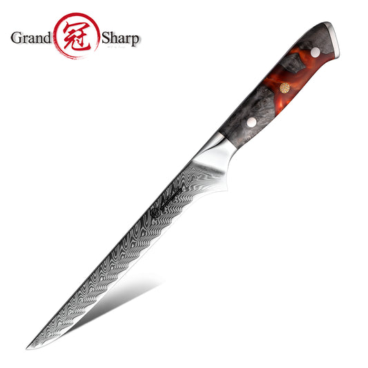 Grandsharp Damascus Steel Boning Knife with Resin & Wood Handle