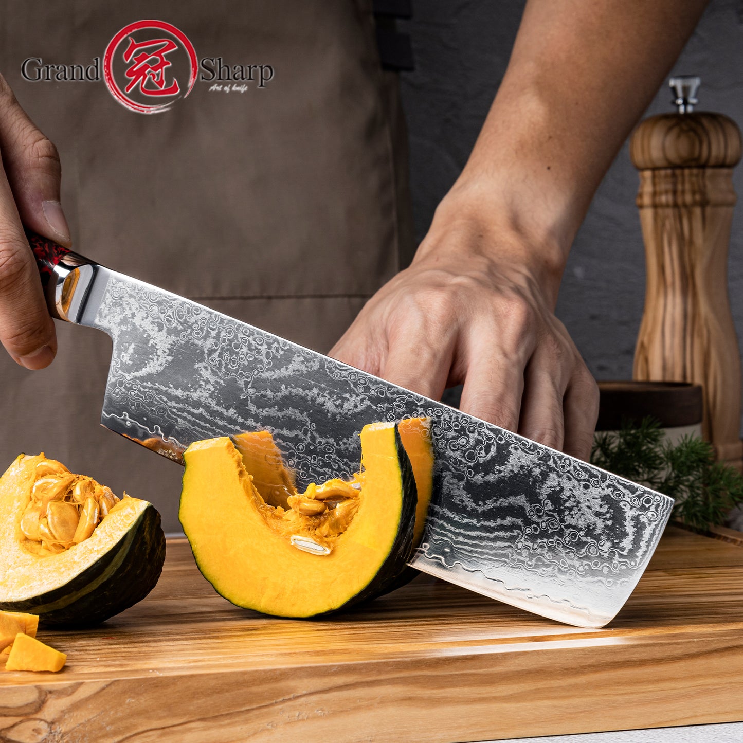 Grandsharp Custom 67 Layers S35VN Damascus Nakiri Knife Carbon Fiber and Red Risen Handle