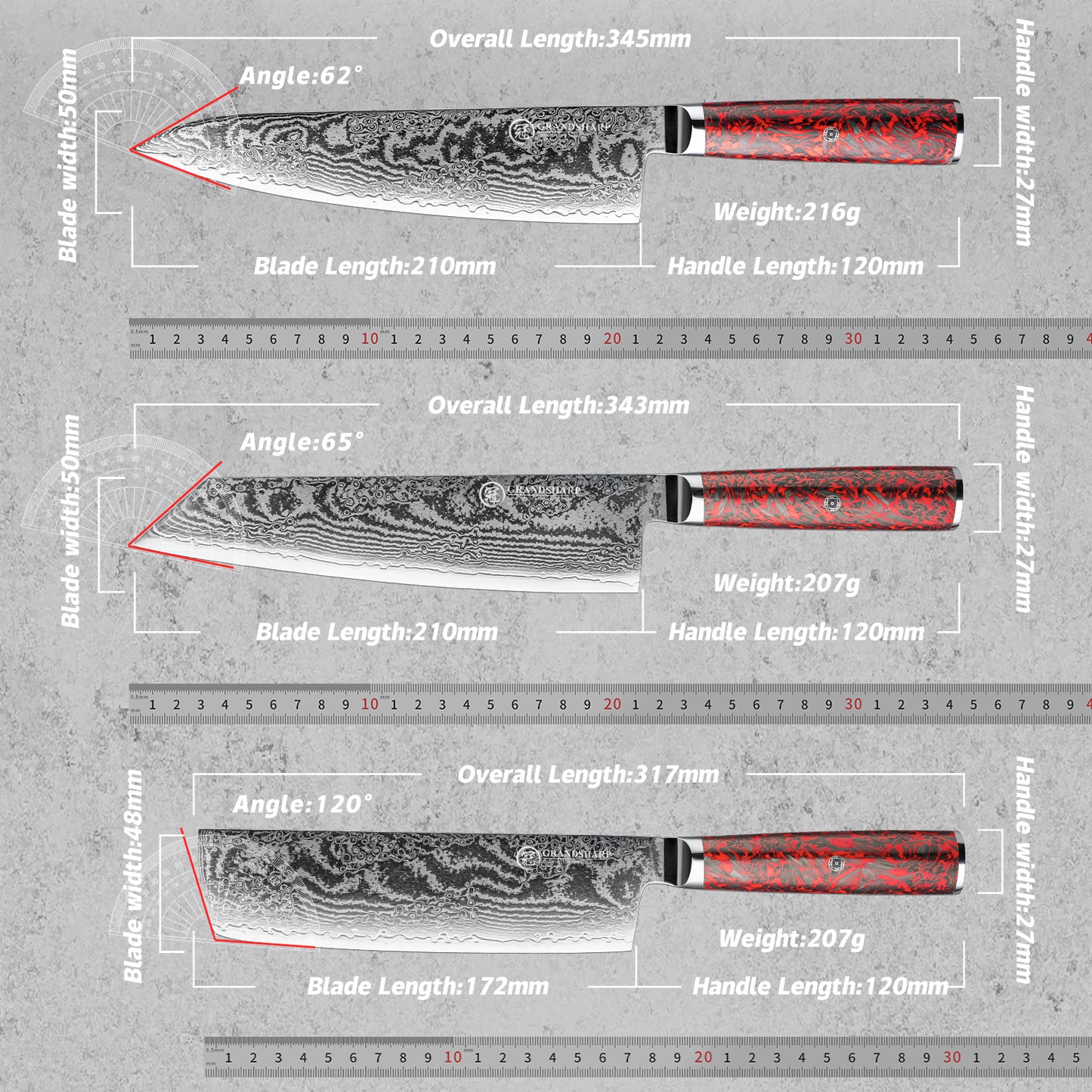 Grandsharp 67 Layers Damascus S35VN Powder Steel Kitchen Chef Knife Set