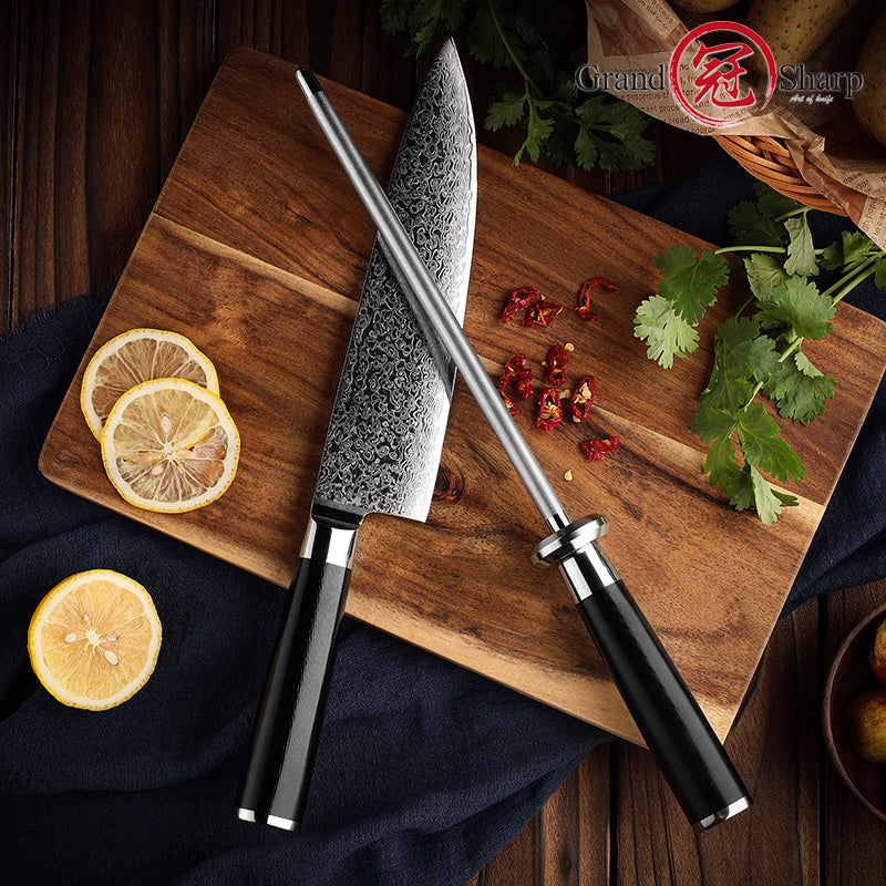 Grandsharp 10 Inch High Quality Carbon Steel Knife Sharpening Rod Professional Honing Steel for Chef Knife