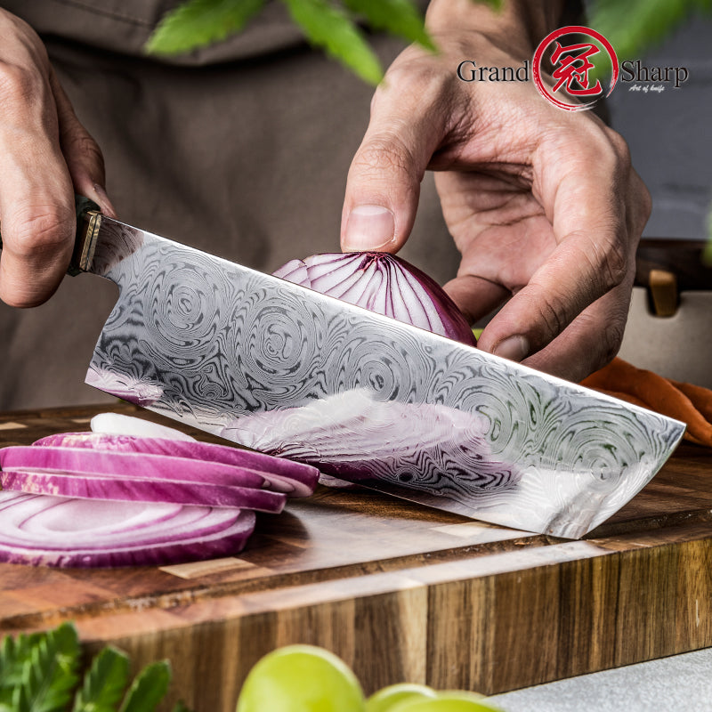 Grandsharp 7 Inch Damascus Kitchen Knife Nakiri Knife with Solidified Wood and Copper Bolster Handle