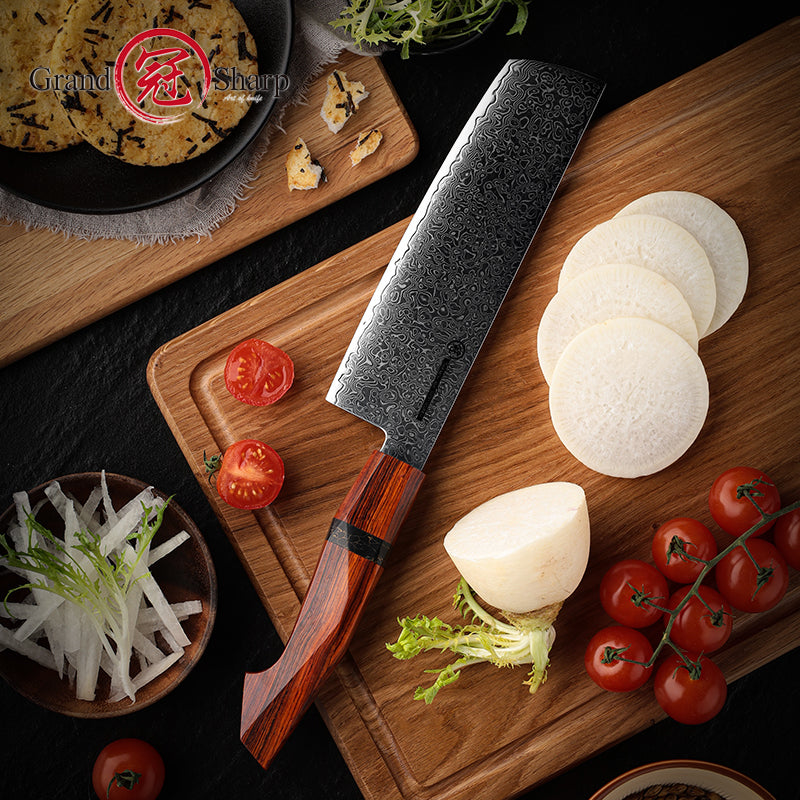 Grandsharp 7 Inch Damascus Nakiri Knife 67 Layers 10Cr15MoV Japanese Kitchen High Carbon Steel Nakiri Knife Sandal Wood Handle