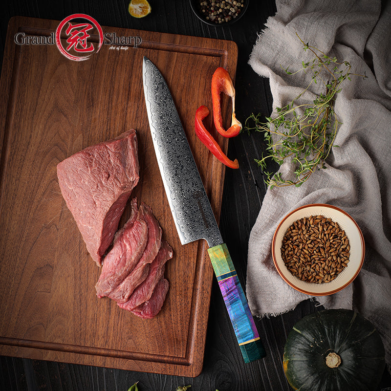 Grandsharp 9'' Chef Knife 67 Layer Damascus Carbon Steel Kitchen Chef Gyuto Knives Cutting Stable Solidfied Wood Handle