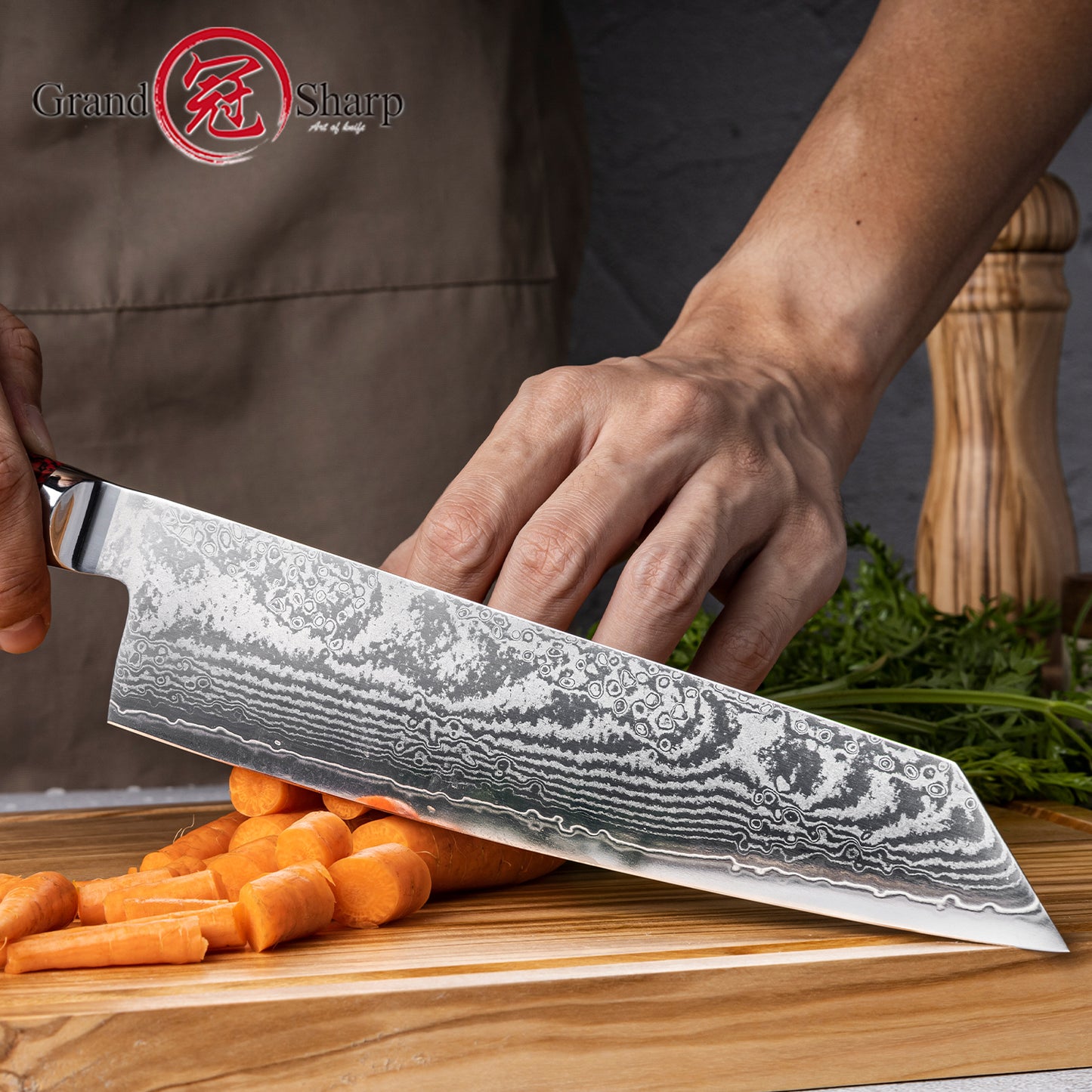 Grandsharp 67 Layers S35VN Damascus Steel Kiritsuke Knife Carbon Fiber Red Risen Handle