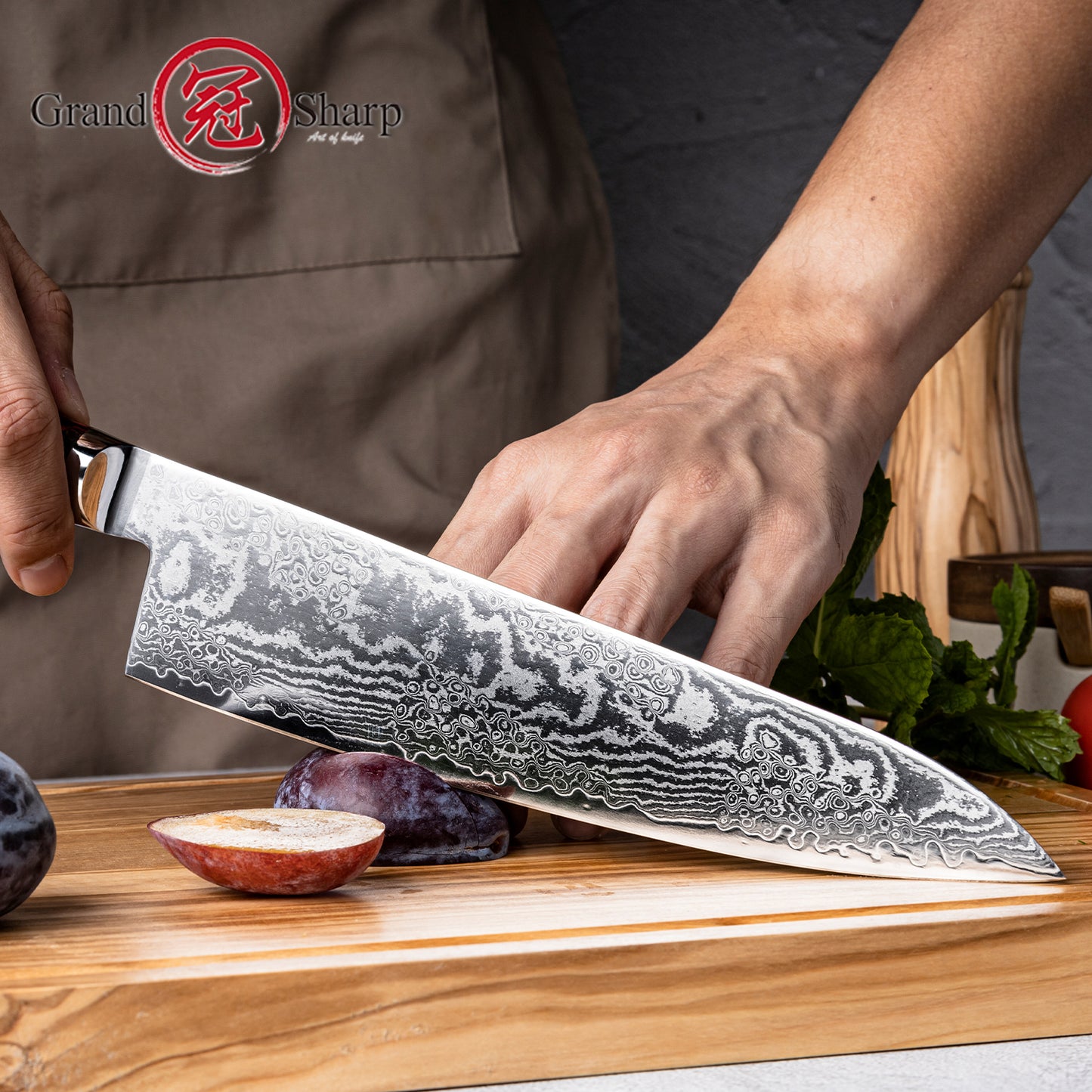Grandsharp 8.5'' Damascus S35VN Steel Kitchen Chef Knife Carbon Fiber Red Risen Handle