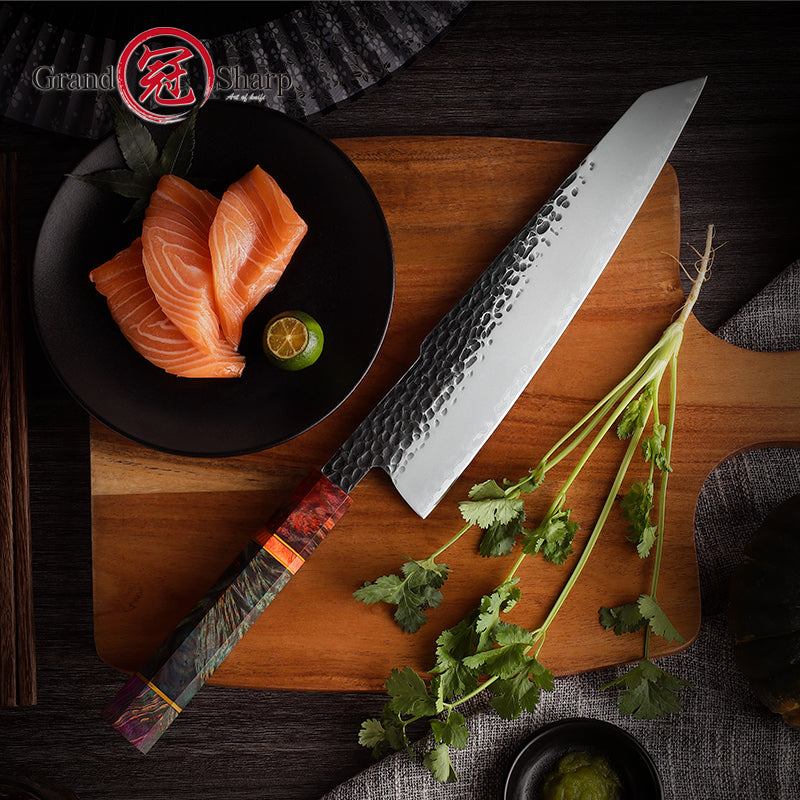 Grandsharp 9.5'' Handmade Forged Kitchen Knives 3 Layers AUS10 Steel Kiritsuke Knife Solidified Wood Handle