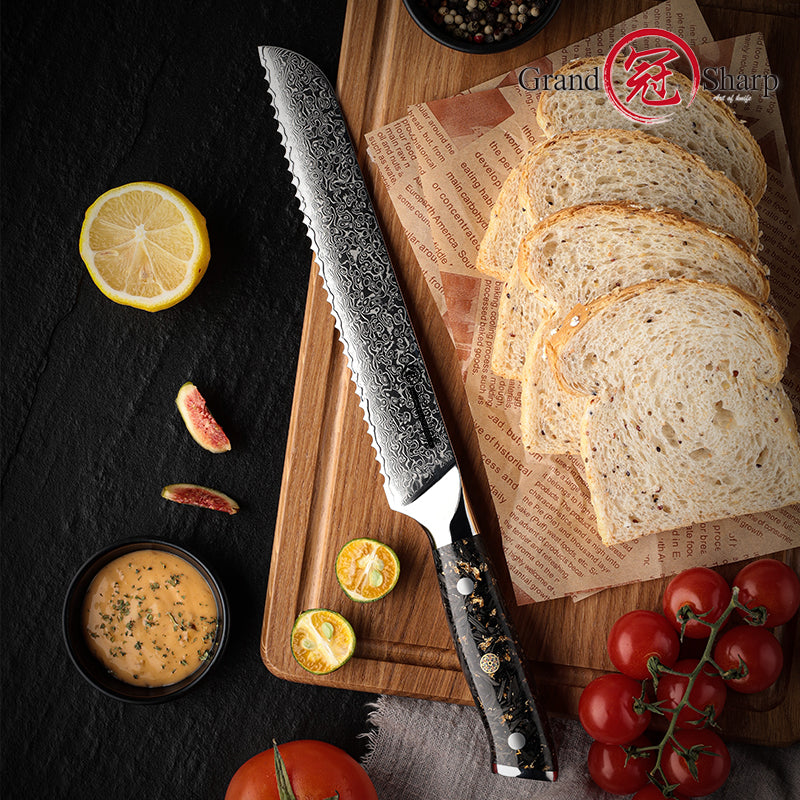 Grandsharp 8-inch Damascus Premium Bread Knife 67-layer Stainless Steel Serrated Cake Bread Knife with Black Handle