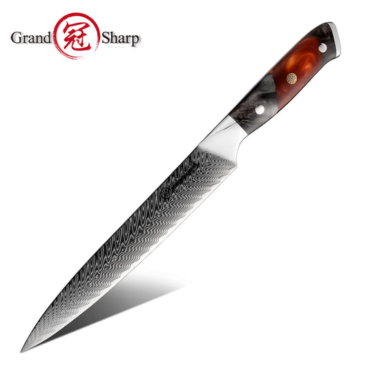 Grandsharp Damascus Steel Chef Slicing Carving Knife with Resin & Wood Handle