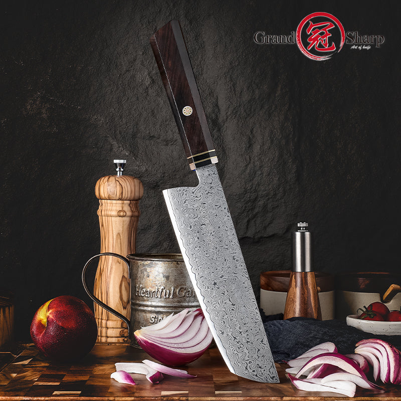 Grandsharp Kitchen Chef Knife 67-Layers Damascus Carbon Stainless Steel Nakiri Knife with Wood Ebony Handle