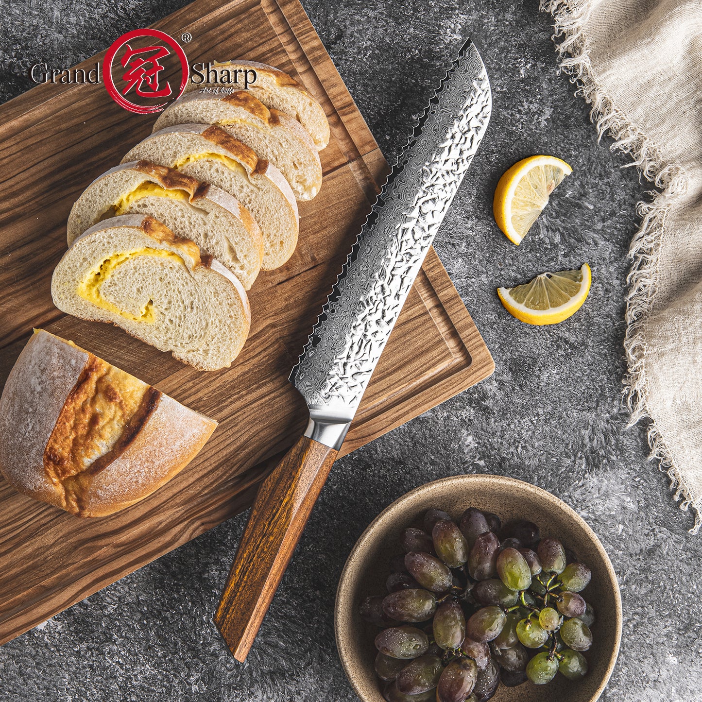 Grandsharp Kitchen Bread Knife 8.5 Inch 67 Layers AUS10 Core Damascus Steel Japanese Bread Knives with Africa Rose Wood Handle