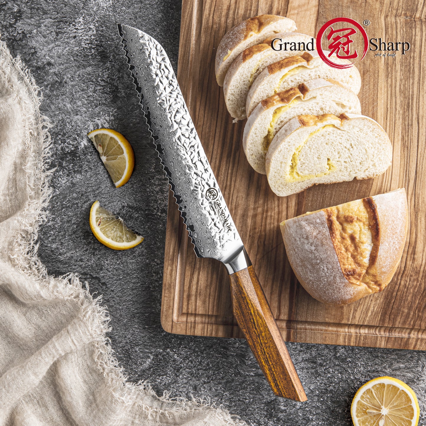 Grandsharp Kitchen Bread Knife 8.5 Inch 67 Layers AUS10 Core Damascus Steel Japanese Bread Knives with Africa Rose Wood Handle
