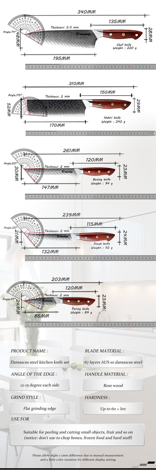 Grandsharp AUS-10 Damascus Professional Kitchen Chef Knife with Rose Wood Handle