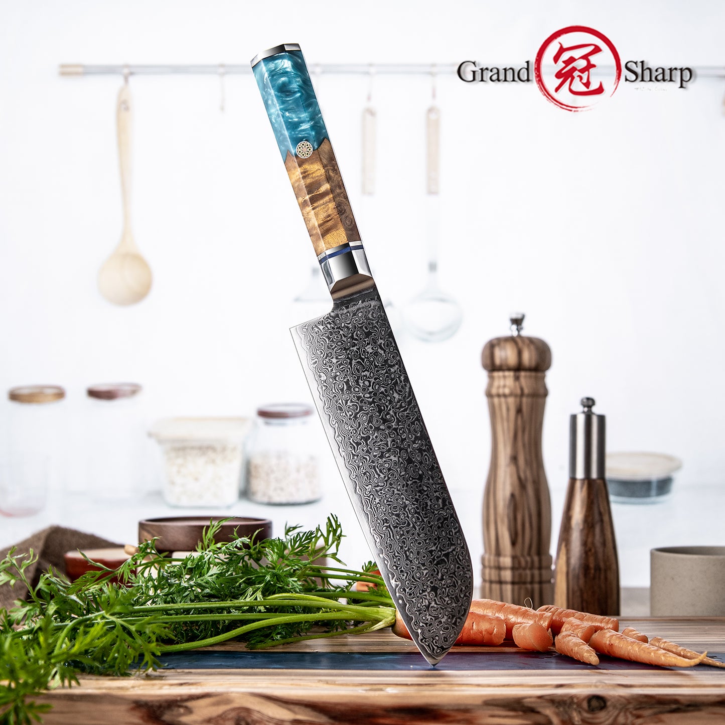 Grandsharp 7 Inch 10CR15MOV Damascus Steel Kitchen Chef Santoku Knife Cutting with Blue Resin & Solidified Wood Handle