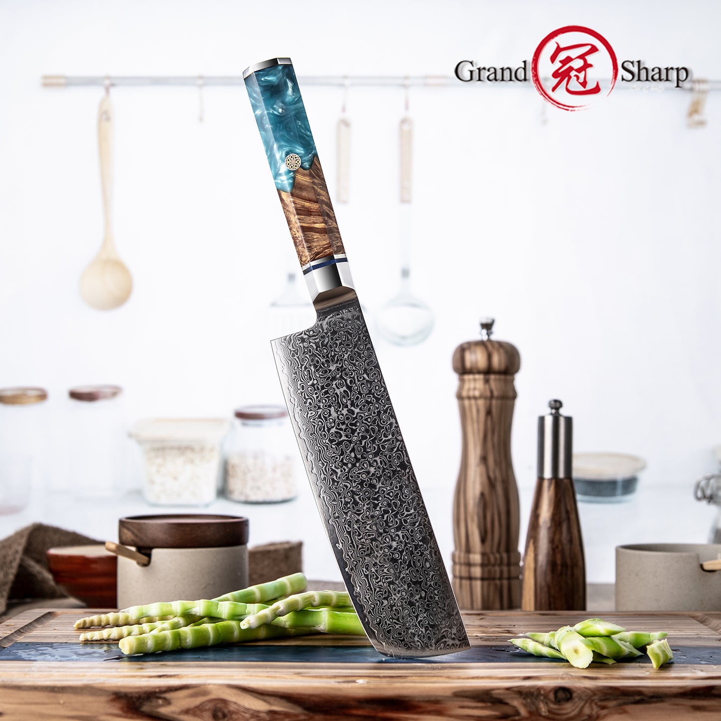 7'' Nakiri Knives High Carbon Blue Resin Handle Vegetable Cutter Chef Kitchen 10CR15MOV Damascus Steel Nakiri Knife