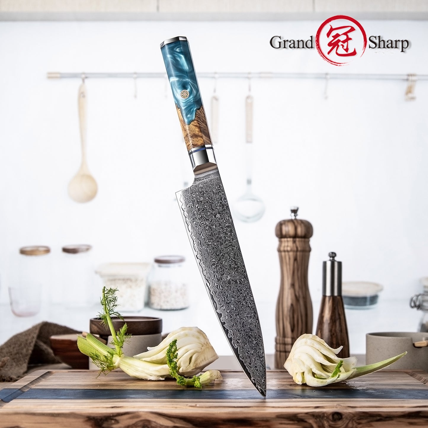 Grandsharp 8" 10cr15mov 67 Layers Damascus Kitchen Knife Chef Knife With Octagonal Resin and Solidified Wood Handle