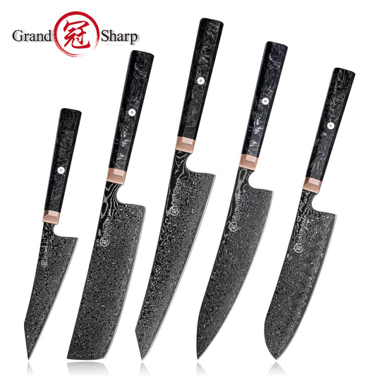Grandsharp Kitchen Black Chef Knife Set Japanese 67 Layers Damascus Steel Kiritsuke Nakiri Bunka Knives Sets Carbon Fiber Handle