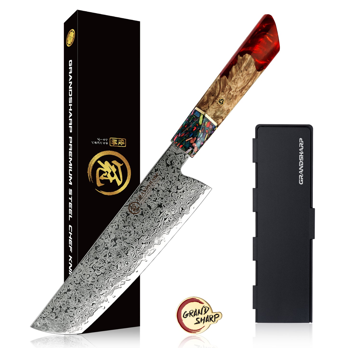 Grandsharp Damascus Chef Knife Sets Japanese Chef Santoku Utility Nakiri Kiritsuke Knives Set Red Resin and Solid Wood Handle