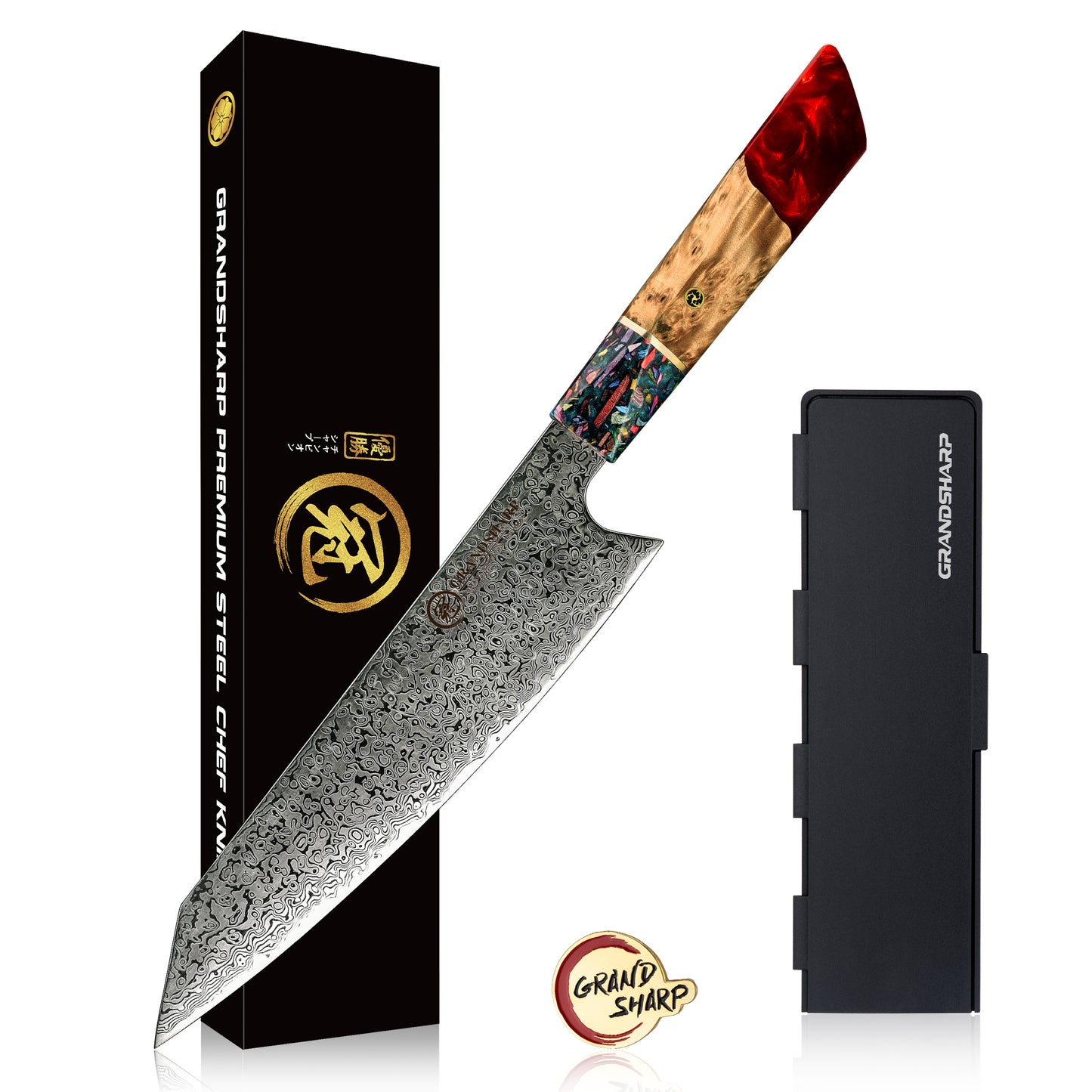 Grandsharp Damascus Chef Knife Sets Japanese Chef Santoku Utility Nakiri Kiritsuke Knives Set Red Resin and Solid Wood Handle