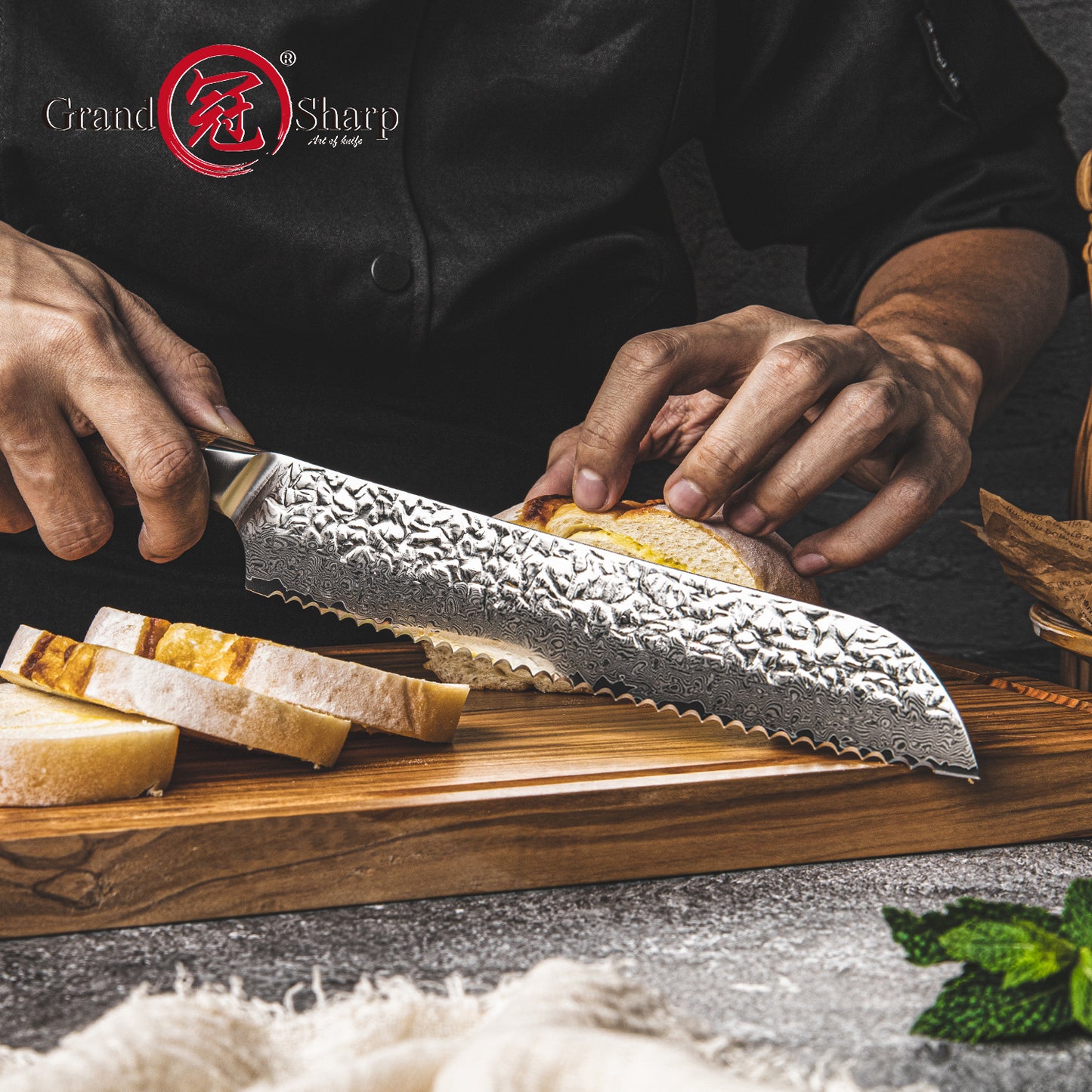 Grandsharp Kitchen Bread Knife 8.5 Inch 67 Layers AUS10 Core Damascus Steel Japanese Bread Knives with Africa Rose Wood Handle