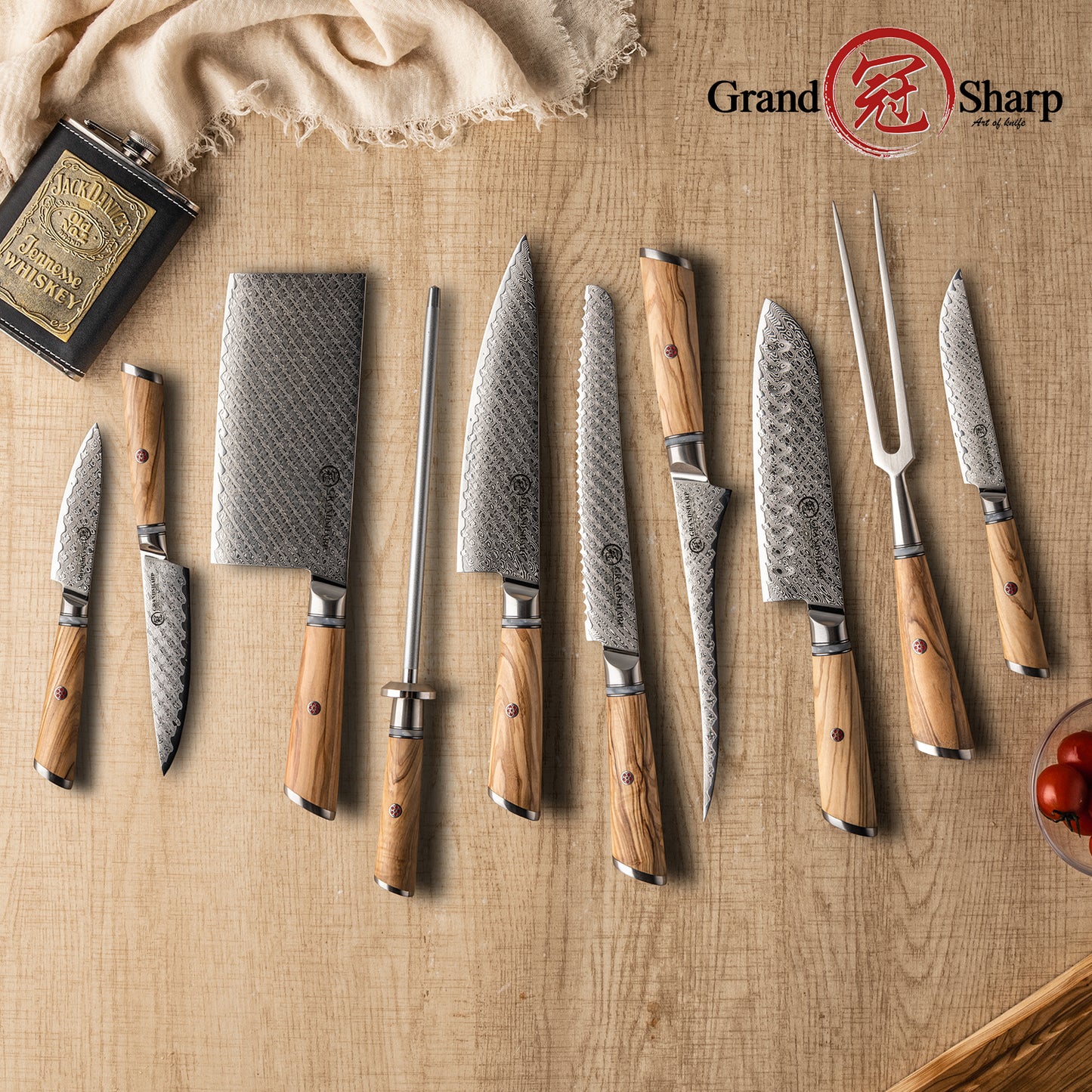 Grandsharp Custom Olive Wood Handle Damascus Kitchen Knife Collection