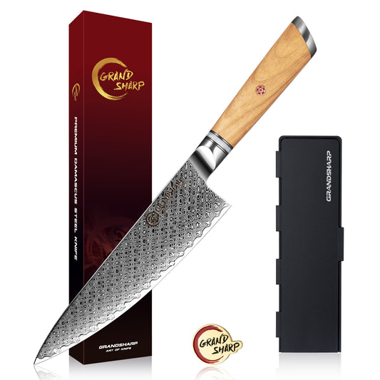 Grandsharp Professional 8" Inch Japanese 67 Layers Damascus Steel Kitchen Knife Chef Knife With Resin and Oliver Wood Handle