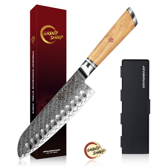 Grandsharp Professional 7 Inch Japanese 67 Layers Damascus Steel Kitchen Knife Santoku Knife With Resin and Oliver Wood Handle
