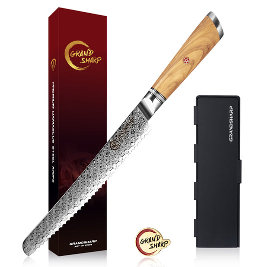 Grandsharp Hot Selling 8'' Baking Knives Damascus Stainless Steel Bread Knife Cake Slicing Kitchen Knife with Olive Wood Handle