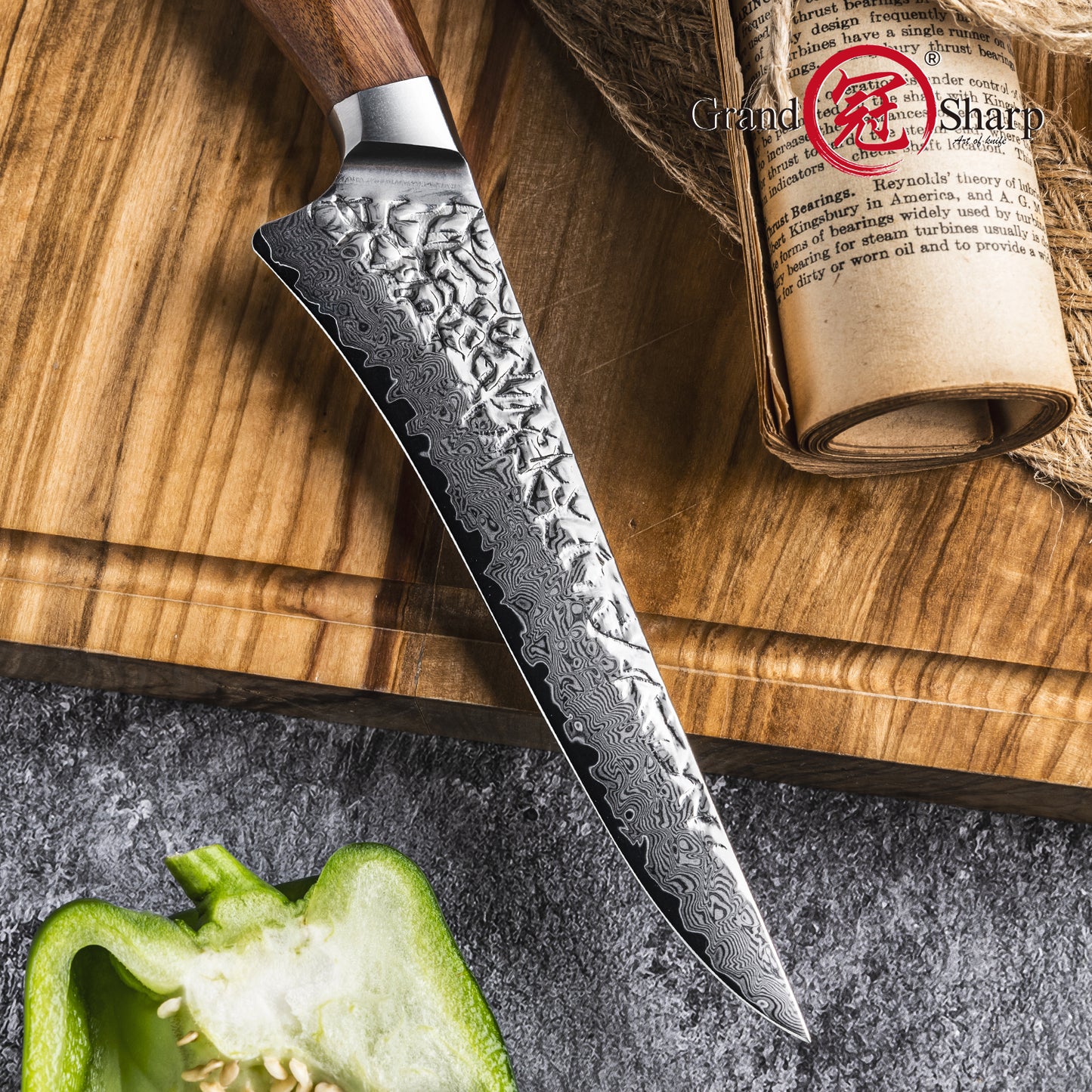 Grandsharp 6 Inch Kitchen Boning Knife 67 Layers Damascus AUS10 Core Steel Filleting Boning Knives with Africa Rose Wood Handle