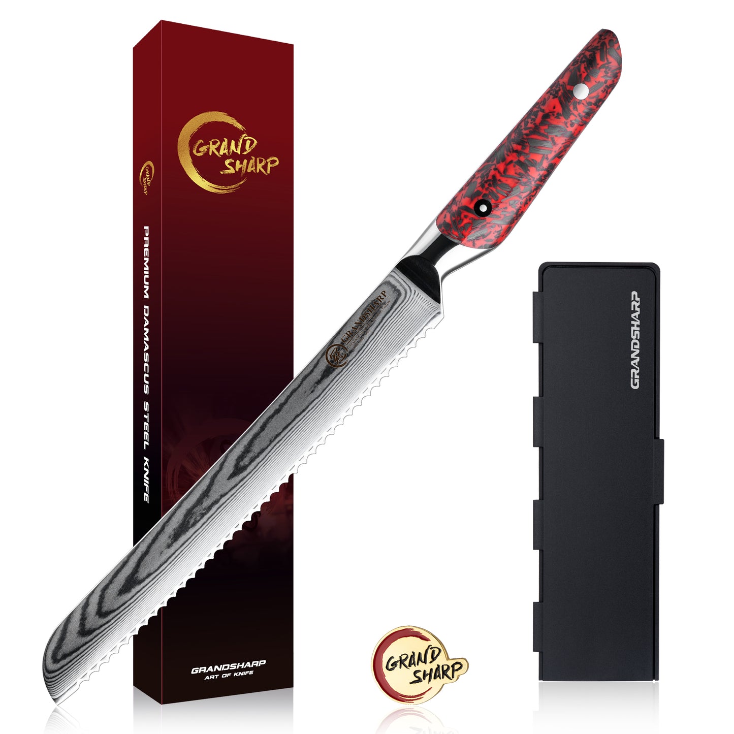 Grandsharp Damascus Steel Chef Kitchen Knife Set Santoku Bread Utility Paring Knife Red Resin Carbon Fiber Handle