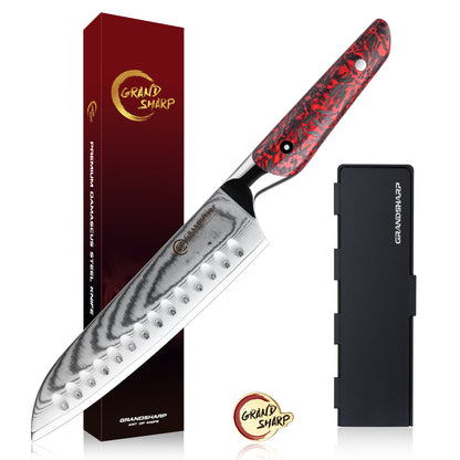 Grandsharp Damascus Steel Chef Kitchen Knife Set Santoku Bread Utility Paring Knife Red Resin Carbon Fiber Handle