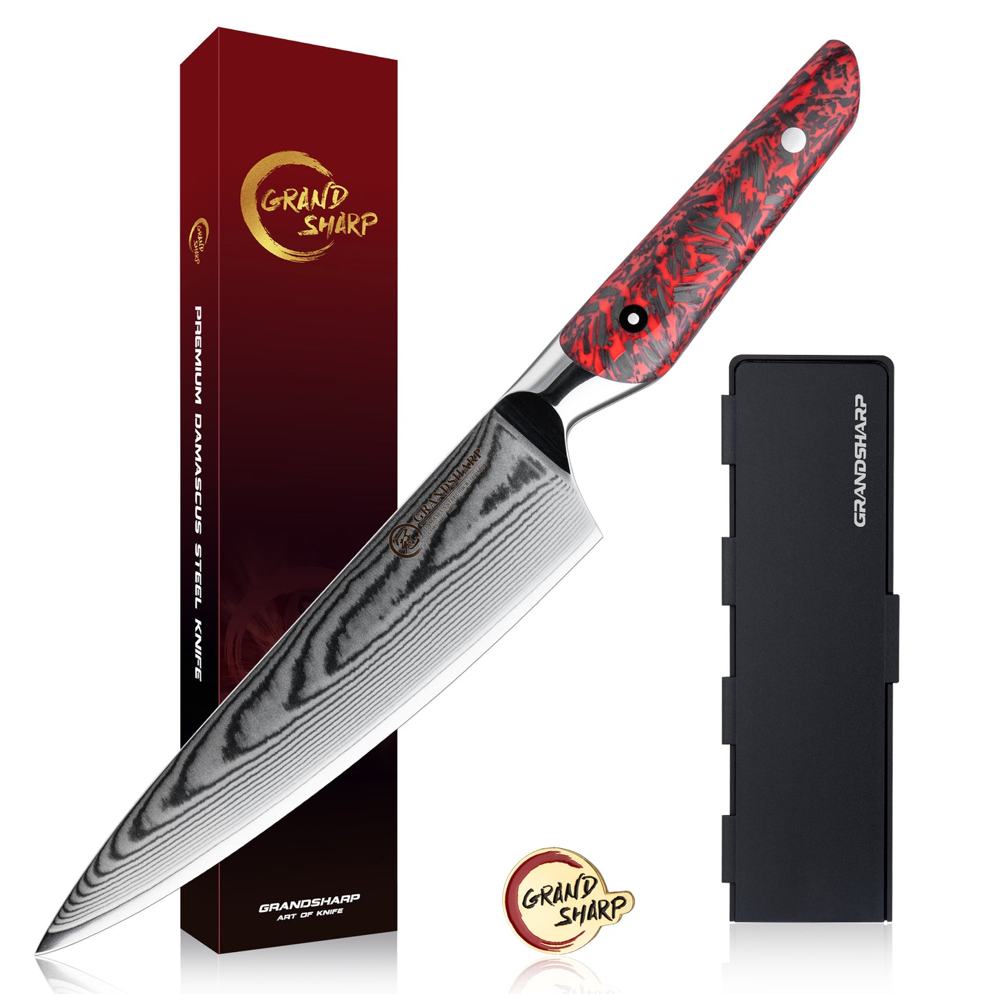 Grandsharp Damascus Steel Chef Kitchen Knife Set Santoku Bread Utility Paring Knife Red Resin Carbon Fiber Handle