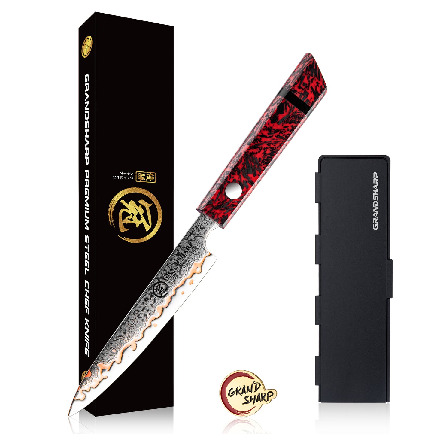 Grandsharp 55 Layers Copper Damascus Steel Kitchen Chef Knife Set Santoku Utility Knives Red Resin Carbon Fiber Handle