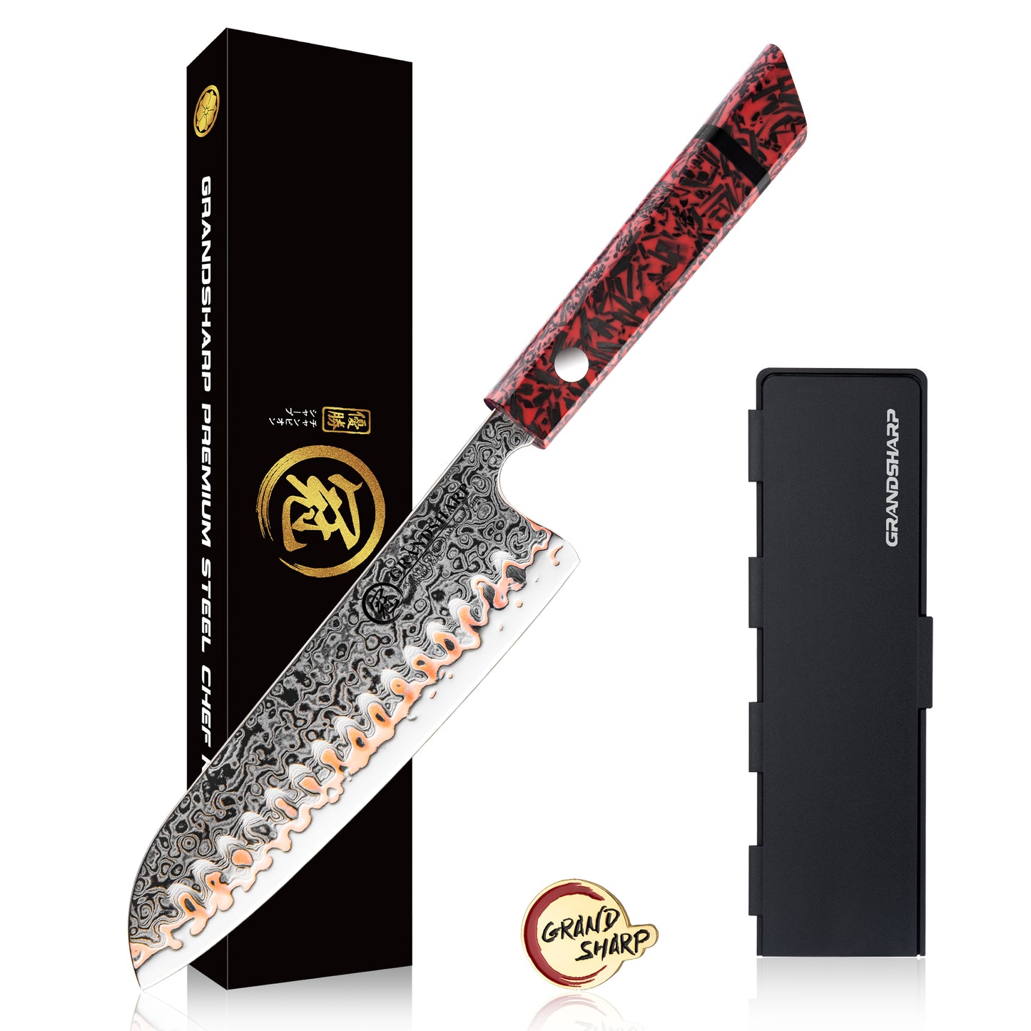 Grandsharp 55 Layers Copper Damascus Steel Kitchen Chef Knife Set Santoku Utility Knives Red Resin Carbon Fiber Handle