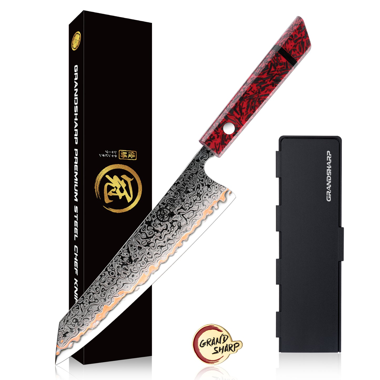 Grandsharp 55 Layers Copper Damascus Steel Kitchen Chef Knife Set Santoku Utility Knives Red Resin Carbon Fiber Handle