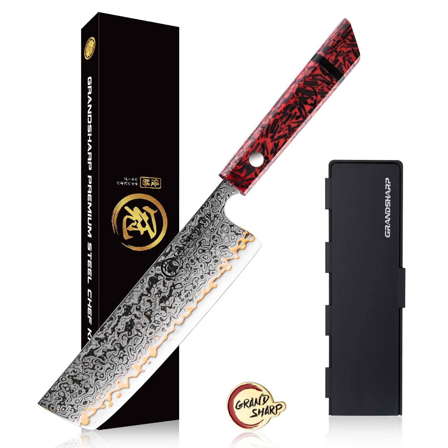 Grandsharp 7 Inch Nakiri Knife Kitchen Copper 55 Layers Carbon Steel Kitchen Nakiri Knife with Red Resin & Carbon Fiber Handle