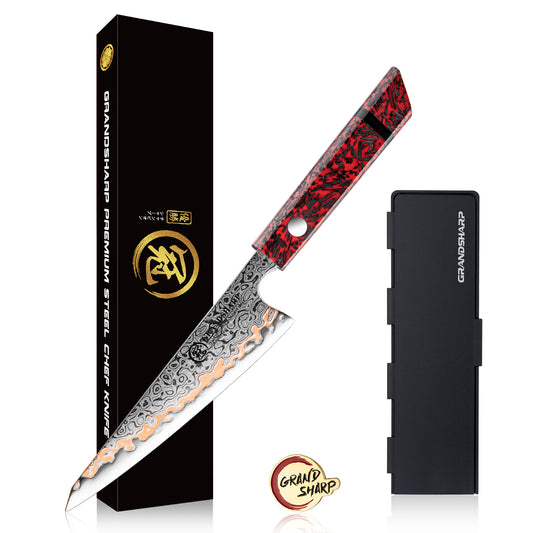 Grandsharp Premium 6 Inch Garasuki Knife 55 Layers Copper Damascus Steel Red Resin + Carbon Fiber Handle