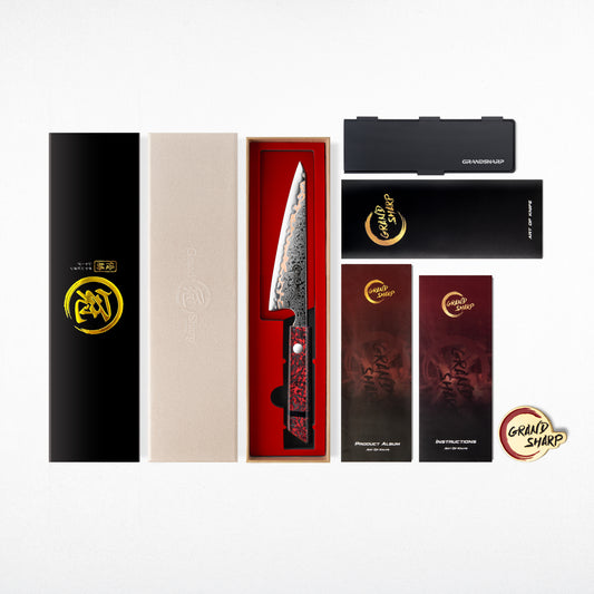 Grandsharp Premium 6 Inch Garasuki Knife 55 Layers Copper Damascus Steel Red Resin + Carbon Fiber Handle