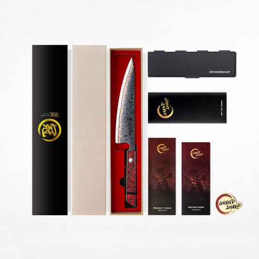 Grandsharp 8''Chef Knife 55 Layers Copper Damascus Steel Kitchen Knife Red Resin Carbon Fiber Handle Professional Cooking Tool