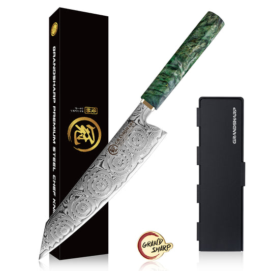 Grandsharp 8'' Kiritsuke Knife Damascus Steel Kitchen Knives Meat Vegetable Slicer Cooking Tools Green Solidified Wood Handle