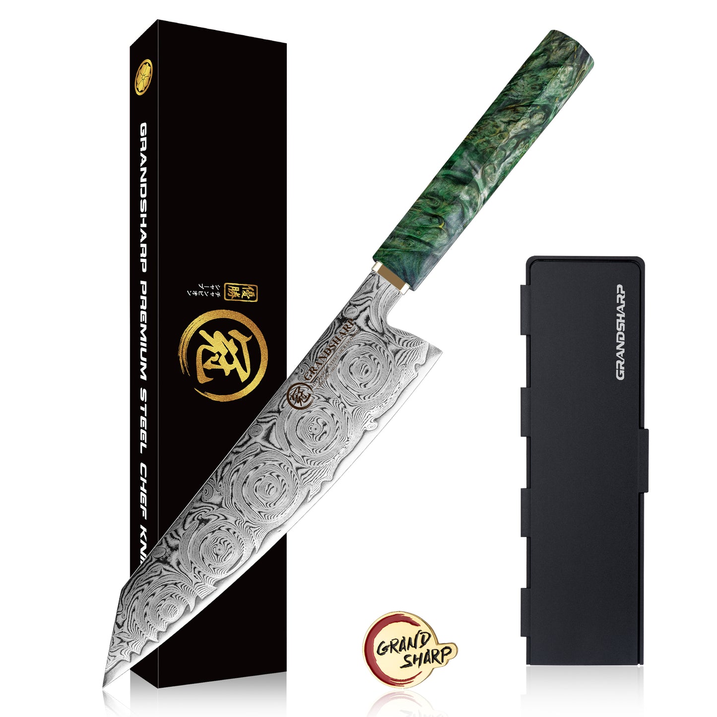 Grandsharp 67 Layers Damascus Kitchen Chef Knife Set with Green Solidified Wood Handle