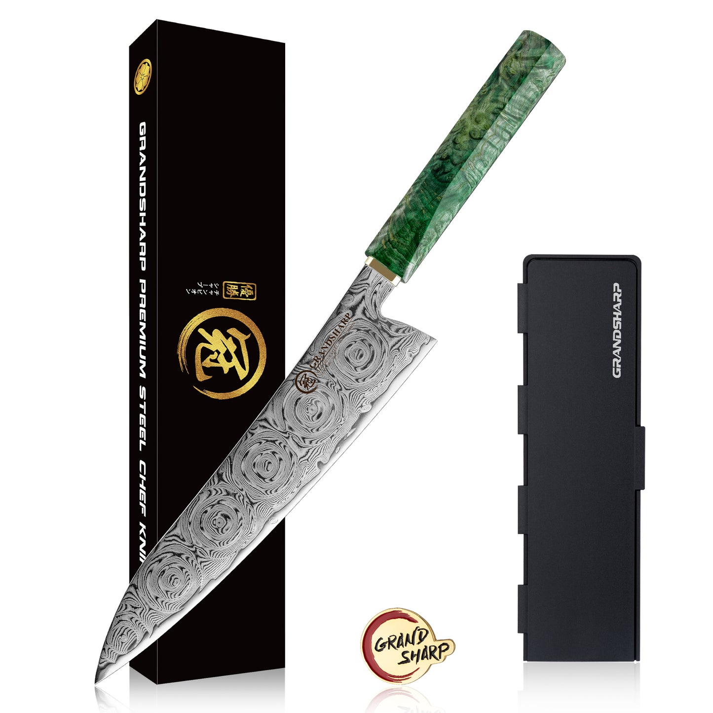 Grandsharp 8.5'' Damascus Kitchen Chef Knife with Solidified Wood and Copper Bolster Handle