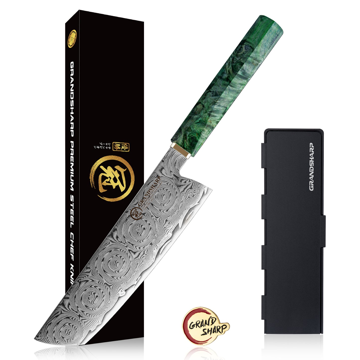 Grandsharp 67 Layers Damascus Kitchen Chef Knife Set with Green Solidified Wood Handle