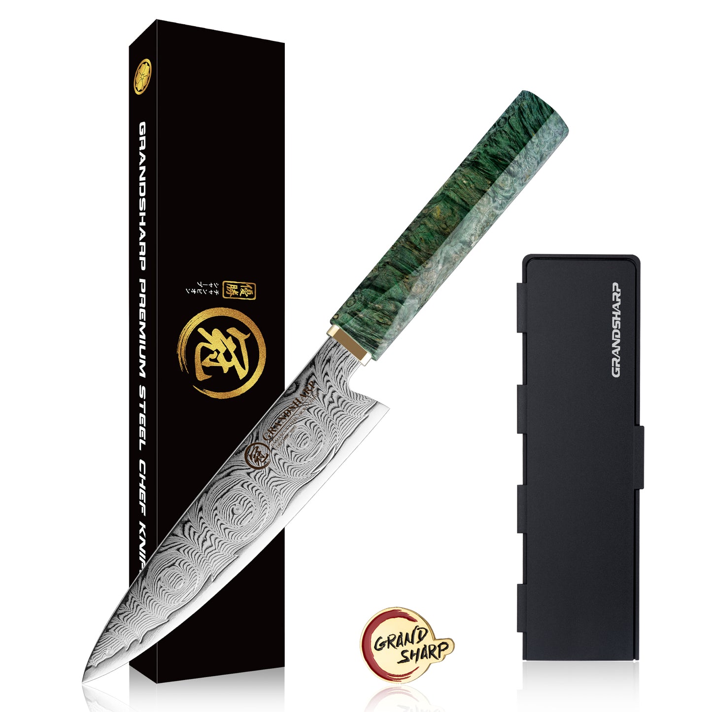 Grandsharp 67 Layers Damascus Kitchen Chef Knife Set with Green Solidified Wood Handle