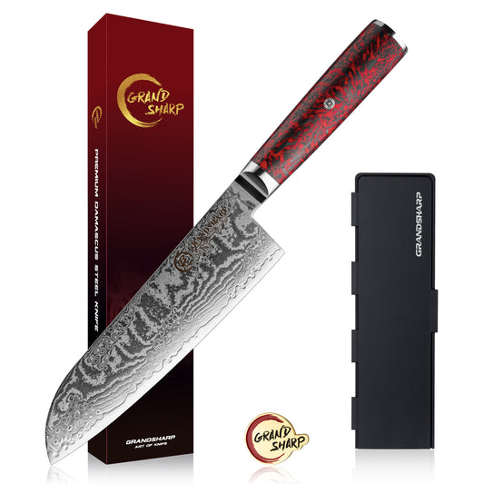 Grandsharp 7'' Santoku Knife 67 Layers S35VN Damascus Steel Carbon Fiber Red Risen Handle
