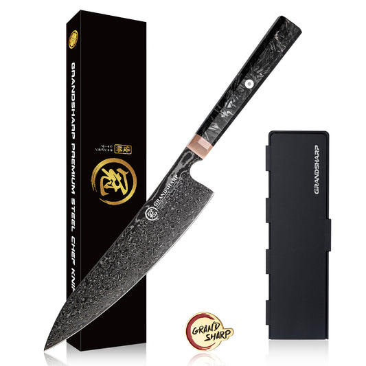 Grandsharp 8'' Kitchen Chef Knife 67 Layers Japanese Damascus Steel Black Chef Kitchen Knives with Black Carbon Fiber Handle