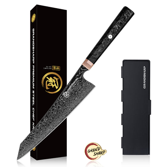 Grandsharp 8.5 Inch 67 Layers Damascus Steel Japanese Cooper Black Kitchen Kiritsuke Chef Knives Cutting Carbon Fiber Handle